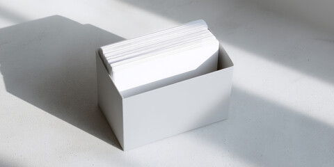 A stack of index cards is neatly organized inside a box on a light surface. Concept: organization, simplicity, minimalism