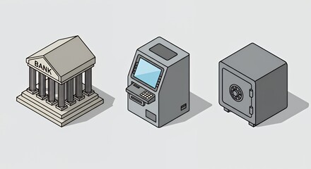Isometric Illustration of Banking Symbols: Bank Building, ATM, and Safe