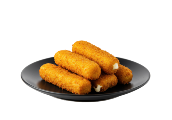 Golden mozzarella sticks nest on a sleek dark plate a crispy cheesy delight
