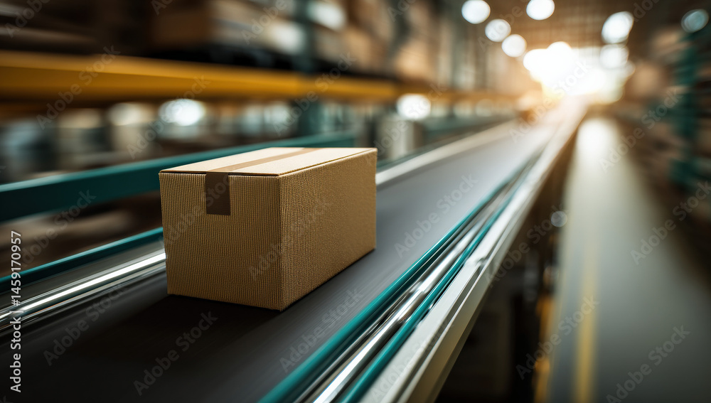 Poster a cardboard box moves along a conveyor belt in a large warehouse facility, showcasing efficient logi