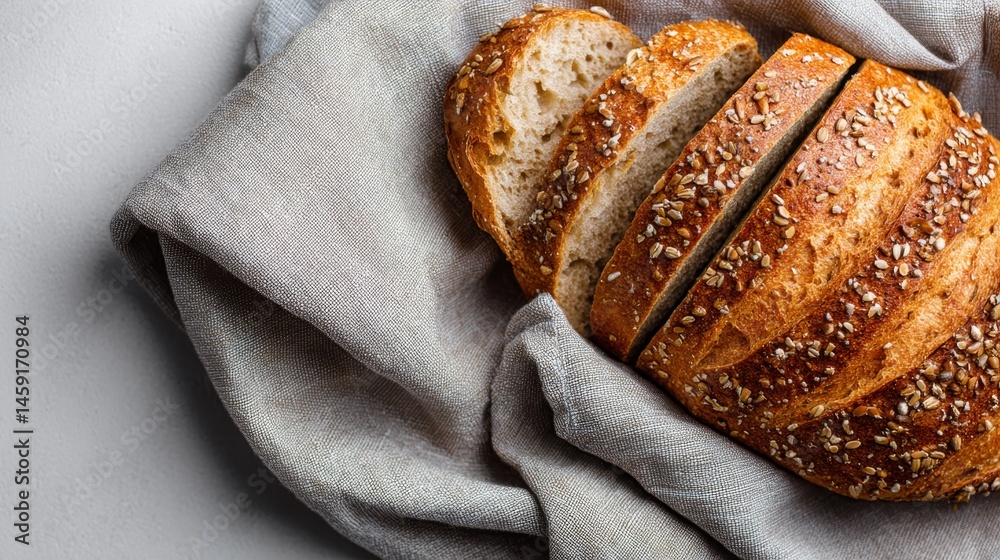 Poster close-up view of a golden rye bread loaf with neatly sliced pieces arranged on a soft linen cloth. i