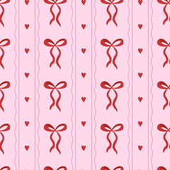 Seamless vertical striped pattern with hand drawn ribbons,  bow knots and hearts. Vintage trendy print, retro repeat romantic background. Perfect for fabric, wallpaper, wrapping paper
