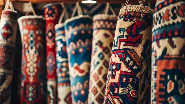 Shop showcasing rolled and hanging carpet varieties