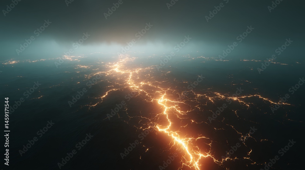 Poster An abstract arrangement of luminous particles creates a terrain-like grid pattern in the dark void, leaving space for additional elements on the right side