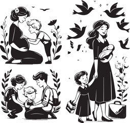 Obraz premium Elegant Black & White Mother’s Day Vector Design | Minimalist Line Art Illustration