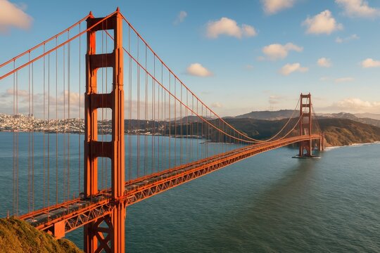 Iconic bridge spans bay.