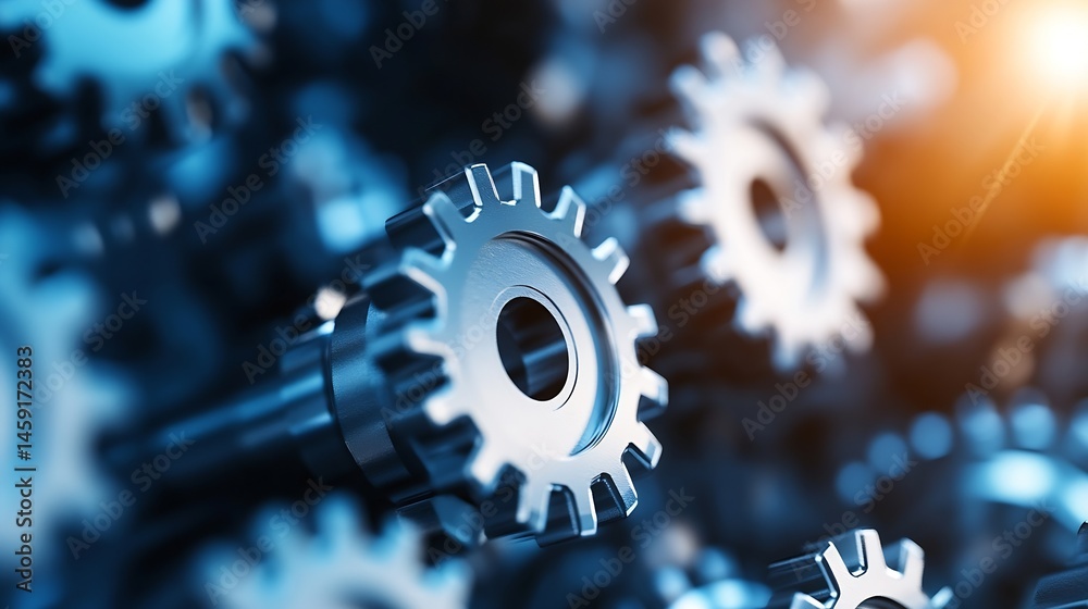Poster Close-up view of intricate metal gears, showcasing precision engineering and complex machinery.  The image features a depth of field, highlighting the central gear with blurred backgro : Generative AI