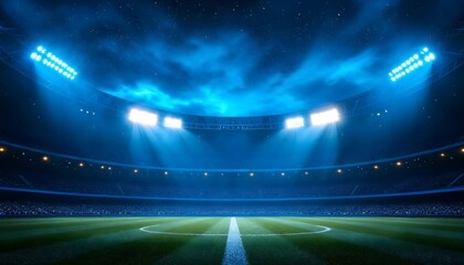 beautiful sports stadium with a green grass field shines with blue spotlights at night with stars. Sports tournament, world championship