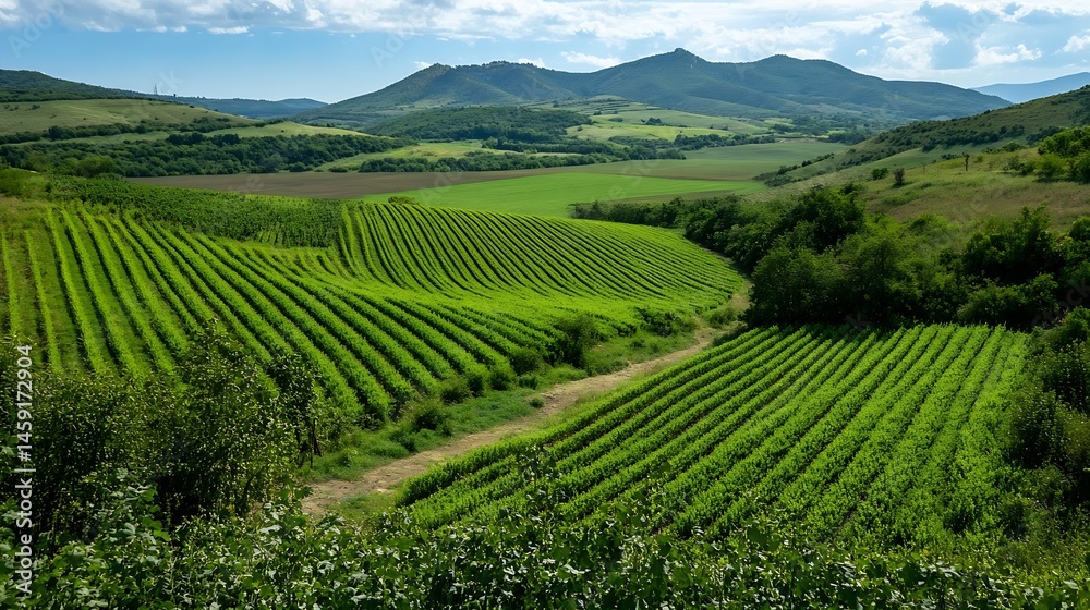 Poster vineyard rows on rolling hills under a partly cloudy sky, showcasing a picturesque landscape with di