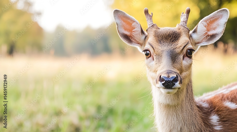 Poster young fallow deer fawn portrait in autumnal meadow, looking directly at camera with soft sunlight ba
