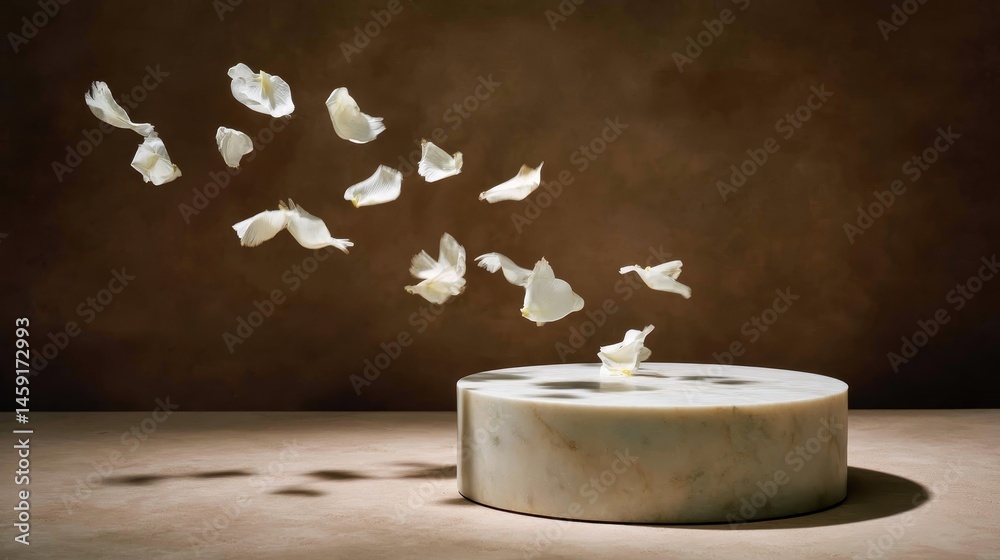 Poster delicate petals cascade through the air, softly illuminated by ambient lighting, as they hover above