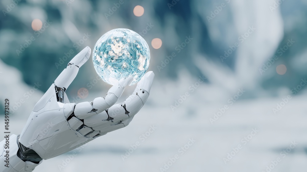 Fototapete A robotic arm gently holds a luminous crystal sphere, showcasing intricate circuitry. The abstract background creates a high-tech atmosphere with light flares