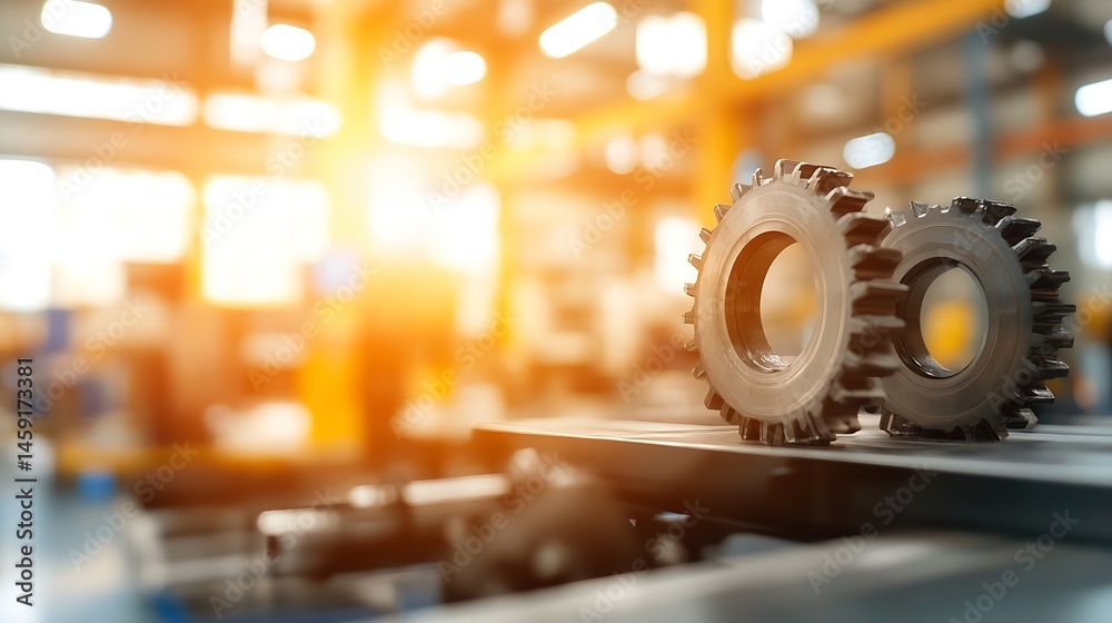 Poster close-up of two industrial metal gears resting on a metallic surface, factory background blurred, wa