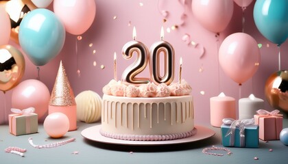 Twentieth Birthday Celebration Cake, Balloons, Gifts, and Candles