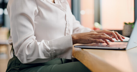 Business, hands and person on laptop for typing in cafe, writing corporate proposal and remote...
