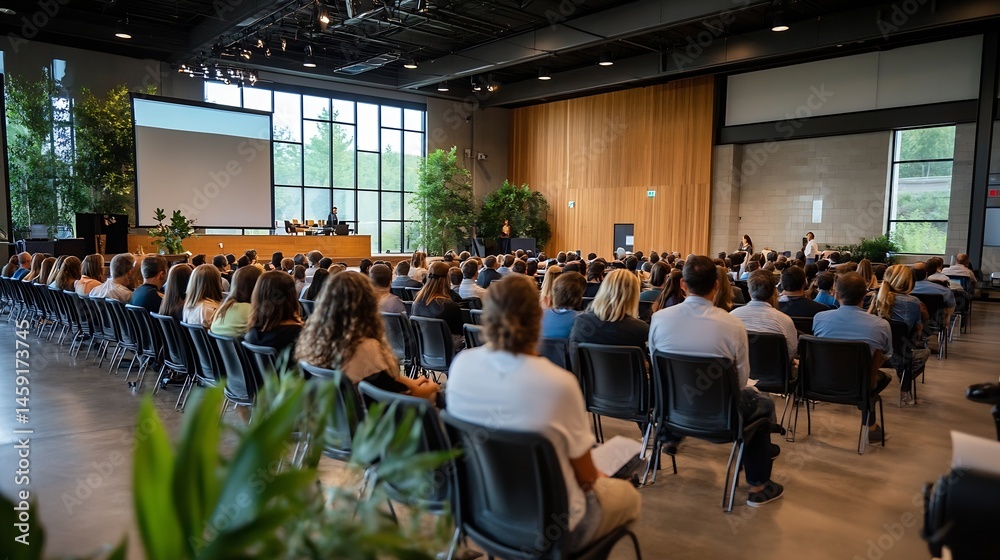 Aufkleber large audience attentively listens to speakers during a presentation in a modern conference hall wit