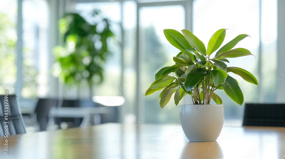 Poster a vibrant green ficus plant in a light grey pot sits on a modern office table, bathed in sunlight st