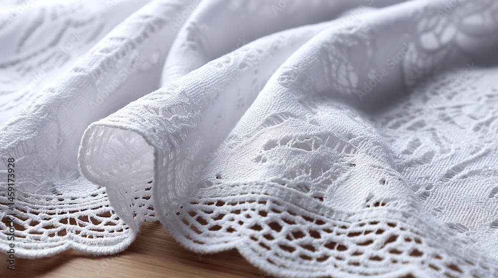 Poster close-up view captures the beauty of delicate lace fabric featuring floral shapes, showcasing intric