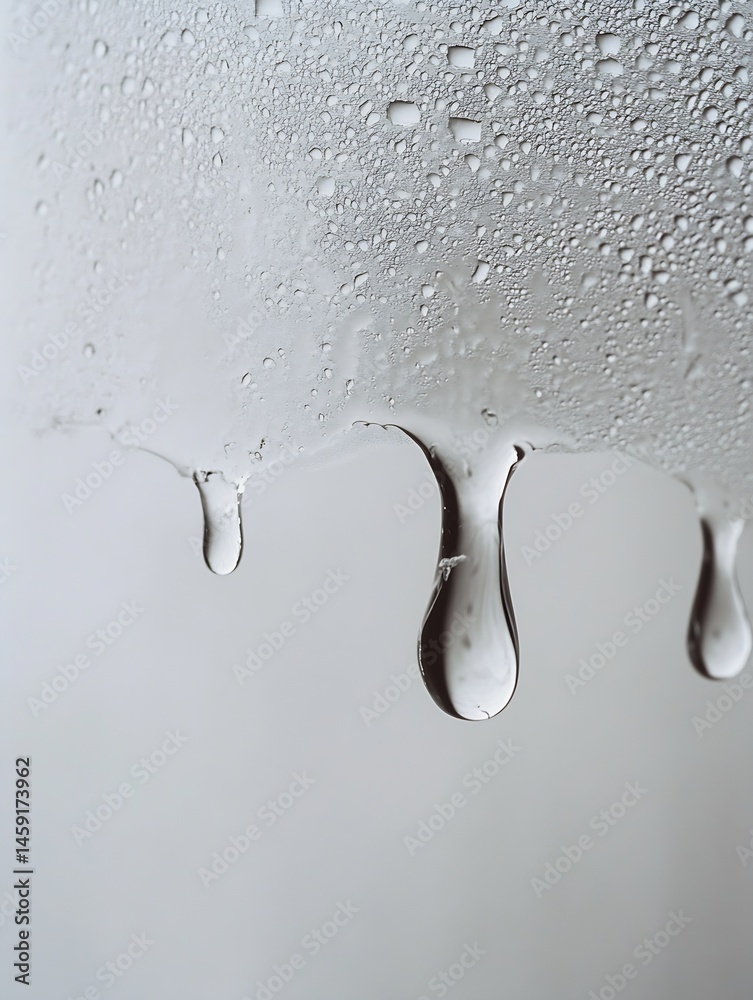 Poster Close-up of water droplets clinging to a surface, then dripping down in a slow motion, creating a unique texture and pattern. : Generative AI