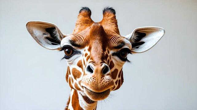 Inquisitive giraffe gazing from above with head upside down. Isolated on a white background.