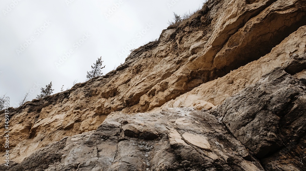 Poster a dramatic low-angle view of a steep, rocky cliff face, showcasing layers of beige and grey stone, w