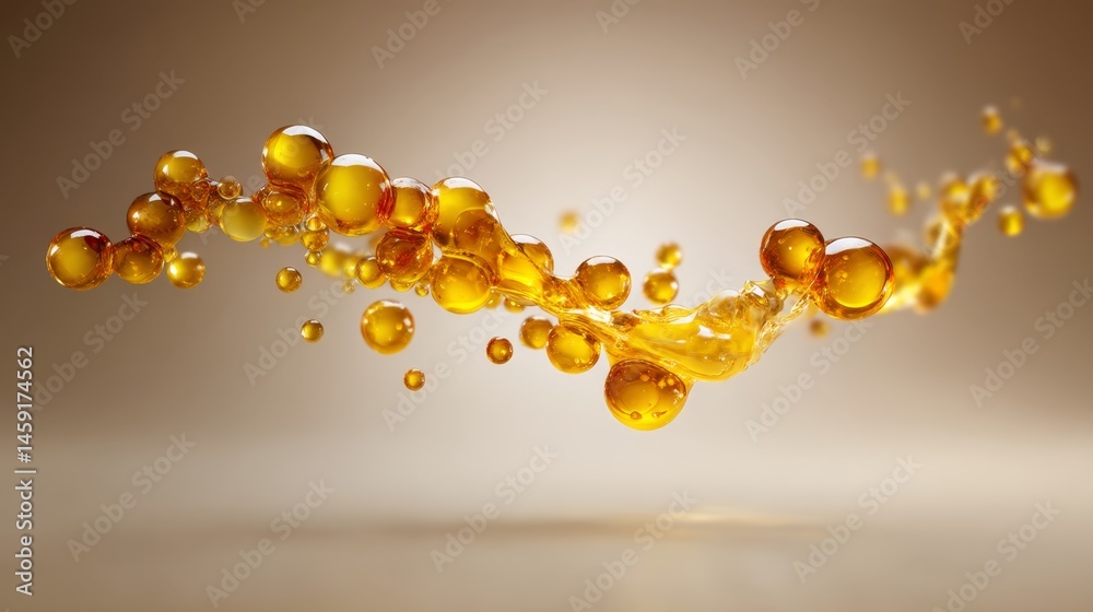 Aufkleber Amber honey bubbles form a delicate cluster, suspended in golden liquid, creating a visually striking abstract element set against a warm beige background