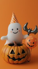 Fototapeta premium A friendly ghost celebrates halloween with a pumpkin, bat and polka dots balloons.