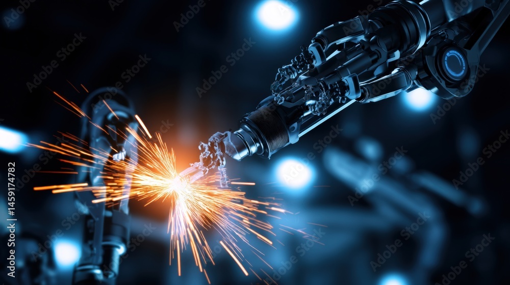 Poster a tech-forward image with glowing dark blue and orange tones and light blue highlights. a photograph