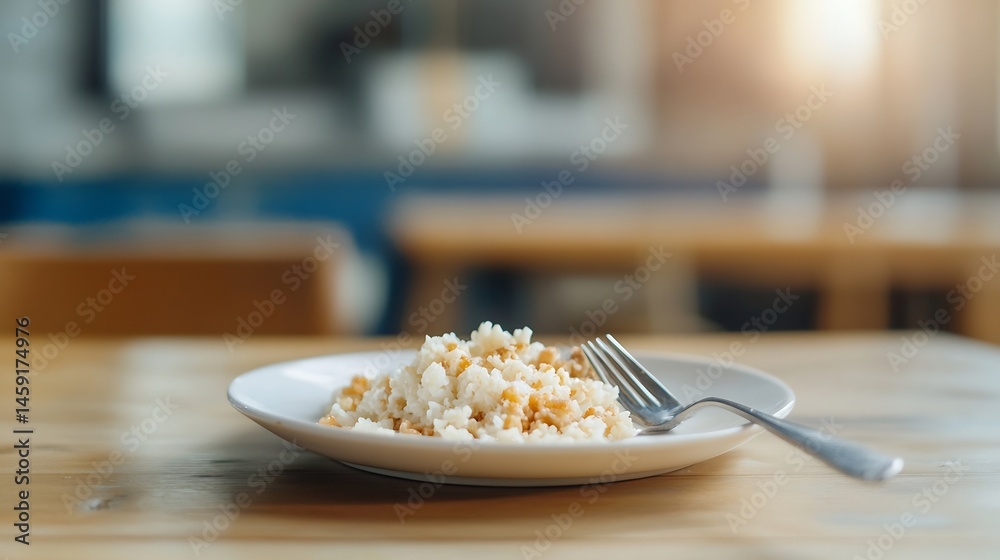 Poster a partially eaten plate of rice with chickpeas rests on a light wood table in a softly blurred cafe 