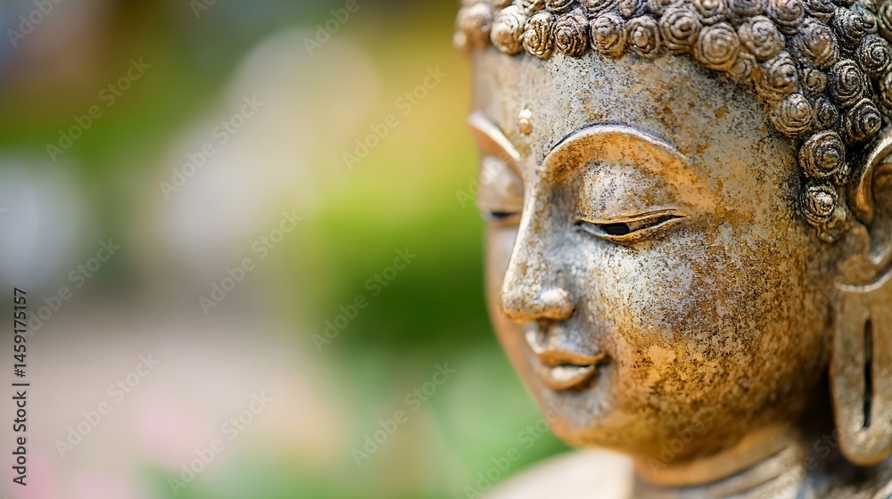 Poster close-up view of a serene golden buddha statue, showcasing intricate details and a peaceful expressi