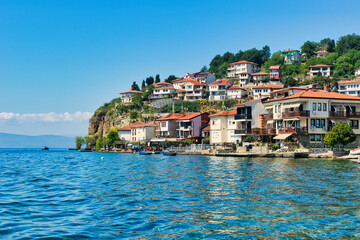 Lake Ohrid, North Macedonia, April 13 2024. Mountain range and peninsula in distance. Ohrid Lake,...
