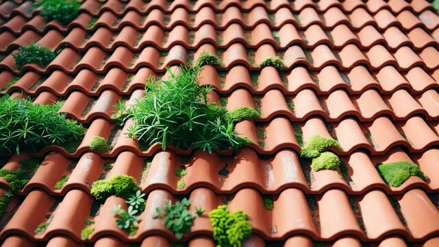 Vibrant red tiles on the roof with plants and moss interspersed, full view