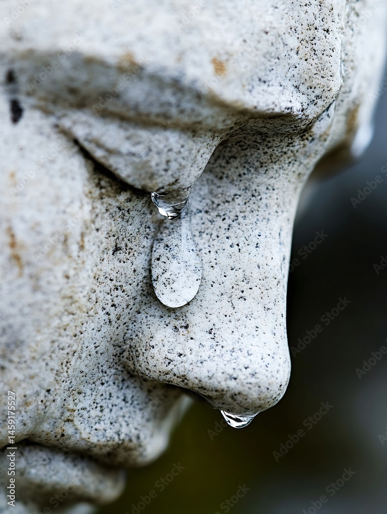 Poster close-up of a weathered stone statue's face, with a single tear rolling down its cheek, evoking feel