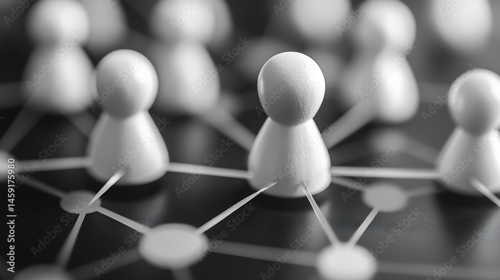 Aufkleber Abstract network visualization: white figures interconnected on a dark surface, representing communication, teamwork, or global connection. : Generative AI