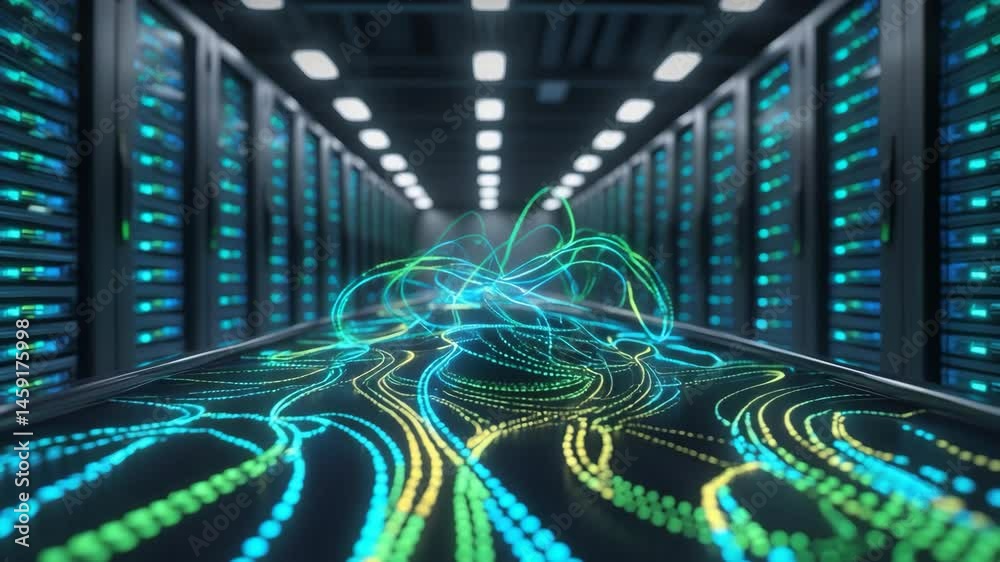 Poster digital interface concept showing data processing over server room, digitally created image.