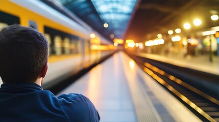 A lone man sits on a train platform, watching a yellow train depart, the station lights blurring into bokeh in the background. : Generative AI