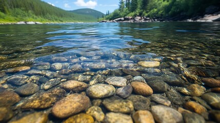 Naklejka premium Crystal-clear river water flows gently over smooth, colorful river stones, with a blurred background of lush green forest and distant mountains under a bright summer sky. : Generative AI