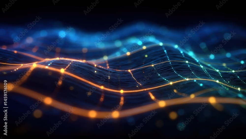 Poster abstract digital landscape with glowing lines and data points, representing technology and network c