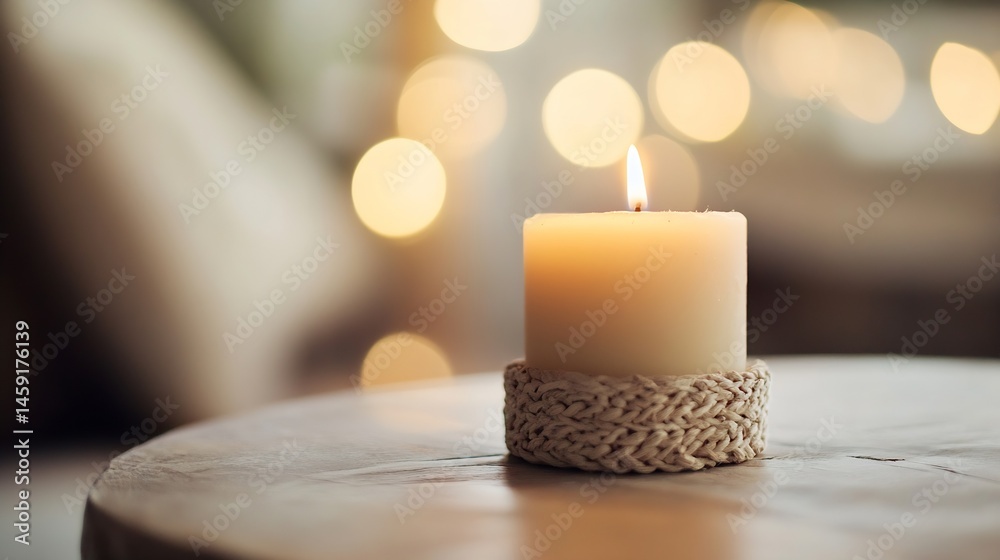 Poster a single, lit beige candle sits on a light wood table, softly illuminated by warm bokeh lights in th