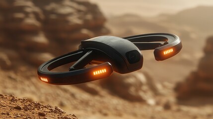 Naklejka premium A futuristic drone explores a rugged, alien landscape, hinting at space exploration and technology.