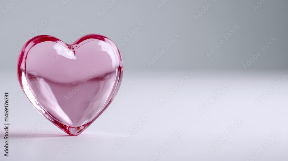 Poster A glass heart radiates soft red to pink hues on a smooth white surface, creating a serene and romantic atmosphere with ample empty space beside it