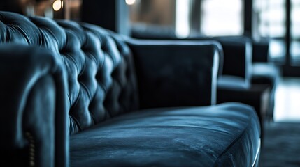 Fototapeta premium Close-up view of a luxurious, dark-blue leather chesterfield sofa, showcasing its deep button tufting and smooth texture. The background is softly blurred, suggesting a sophisticated : Generative AI