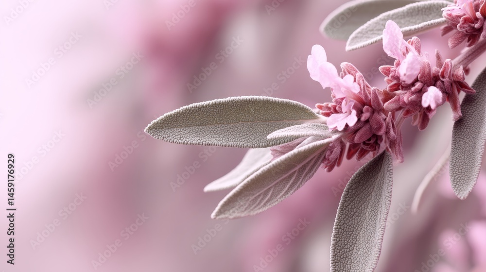 Fototapete close-up view of gentle lavender flowers and sage leaves arranged in a seamless pattern, showcasing 