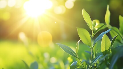 Obraz premium Close-up of vibrant green leaves bathed in warm sunlight, showcasing nature's beauty and the tranquility of a sunlit garden. : Generative AI