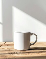 Serene Mug in Sunlight: A pristine white mug sits on a rustic wooden surface, bathed in the soft glow of natural light, creating a calming atmosphere perfect for relaxation.