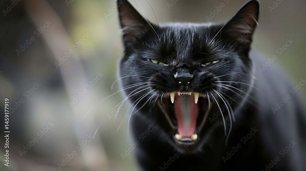 Poster close-up portrait of a black cat with its mouth open, showing teeth and pink tongue. the cat's expre