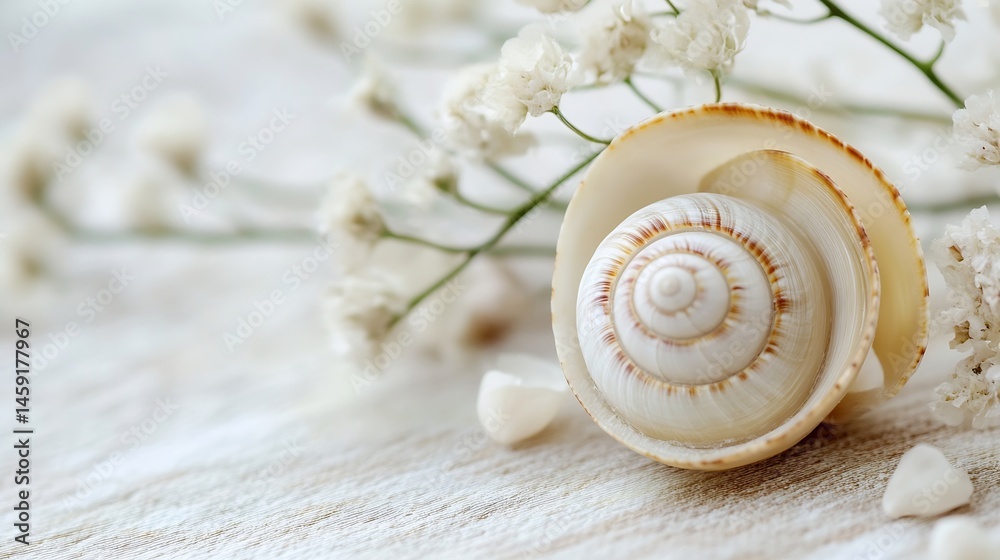 Poster close-up of a spiral seashell nestled amongst delicate white gypsophila flowers on a light wooden su