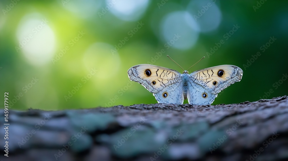 Poster A delicate pale butterfly with intricate wing patterns rests on a textured tree bark, set against a softly blurred green background, showcasing nature's beauty. : Generative AI