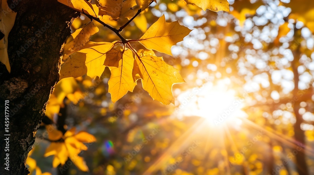 Poster golden autumn leaves illuminated by the warm sunlight, creating a vibrant and serene autumnal scene.