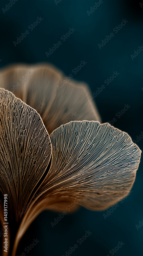 Poster close-up of brown mushroom gills, intricate linear pattern, delicate texture, against dark backgroun